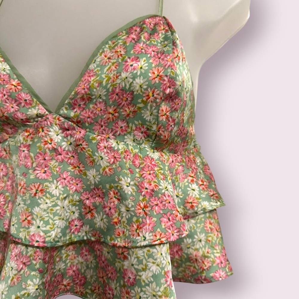Floral Ruffle Peplum Cami Top Green Pink Adjustable Straps S - Picture 3 of 6